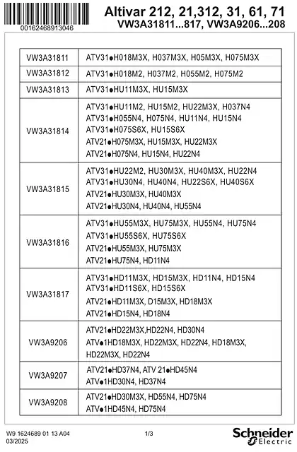 schneider施耐德Instruction sheet - UL type 1 conformity kit - VW3A31811...817_ VW3A9206...208